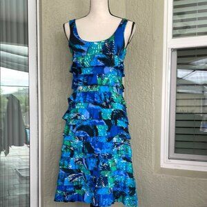 Blue and Green Sleeveless Ruffle Dress